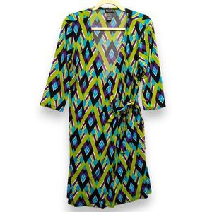 SOHO APPAREL LTD. Bright‎ Wrap Dress Womens 12 Y2K Style Blue Green Black Boho